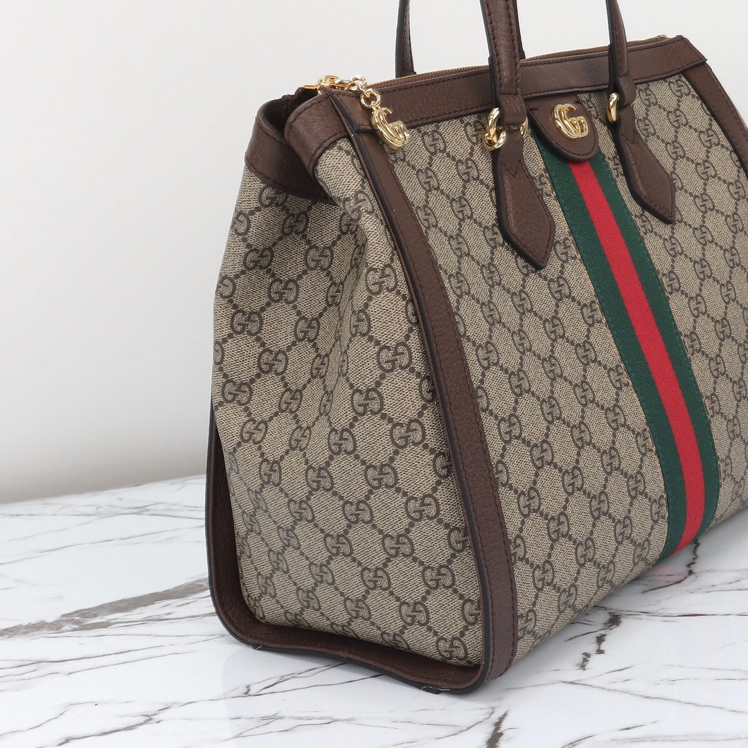 Gucci Ophidia GG medium tote side profile close-up showing GG canvas and leather trim