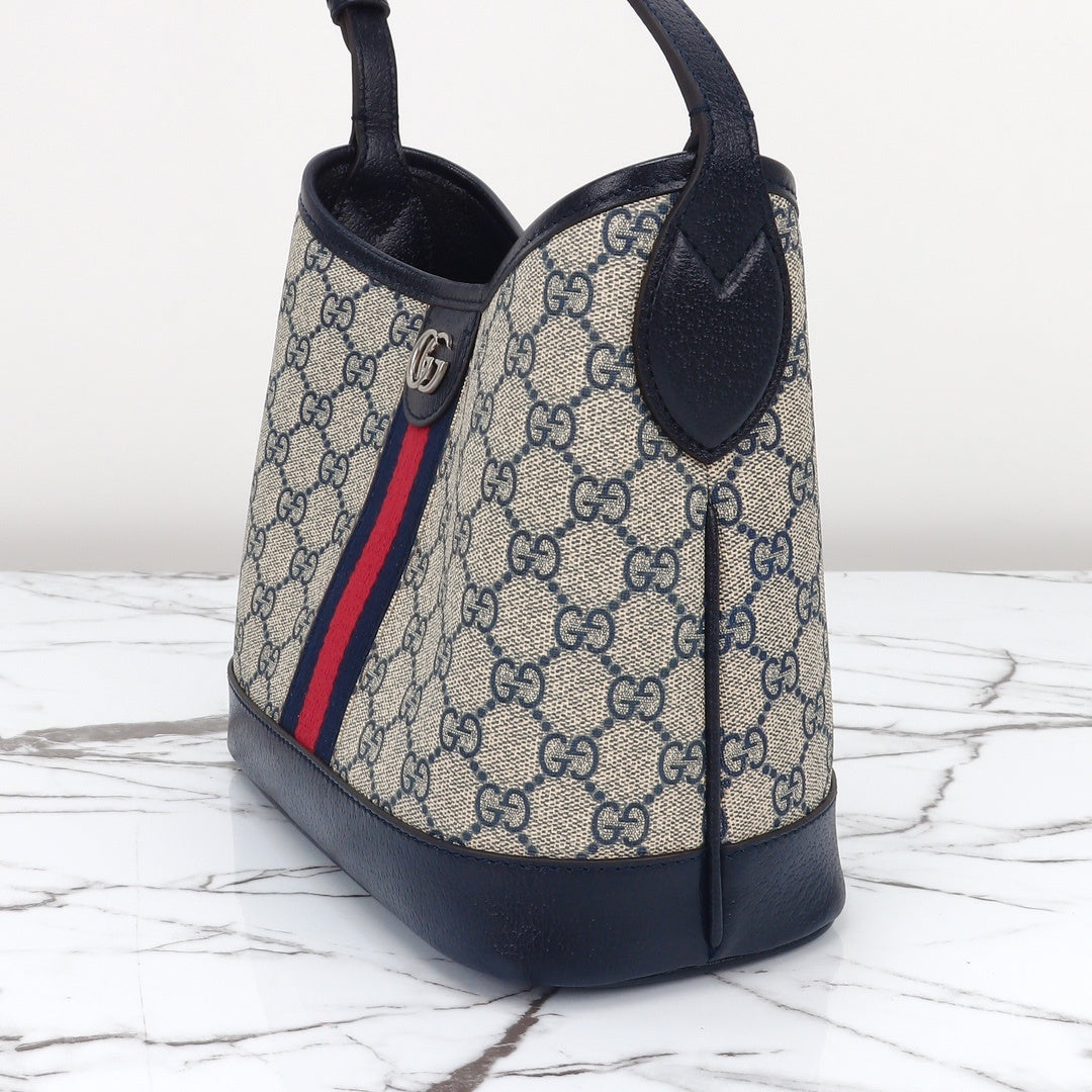 Gucci Ophidia bucket bag front angle with Web stripe and GG clasp