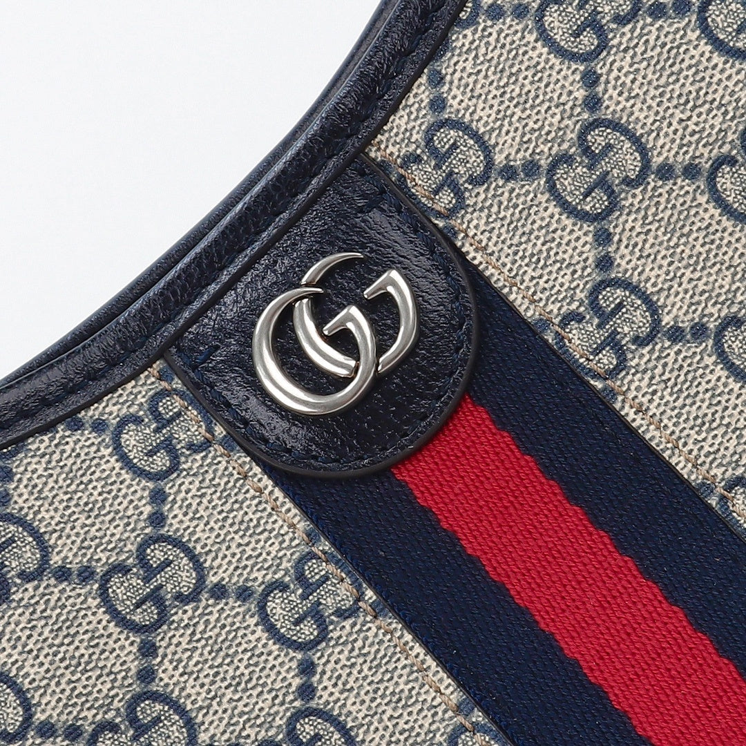 Gucci Ophidia bucket bag full front view with shoulder strap