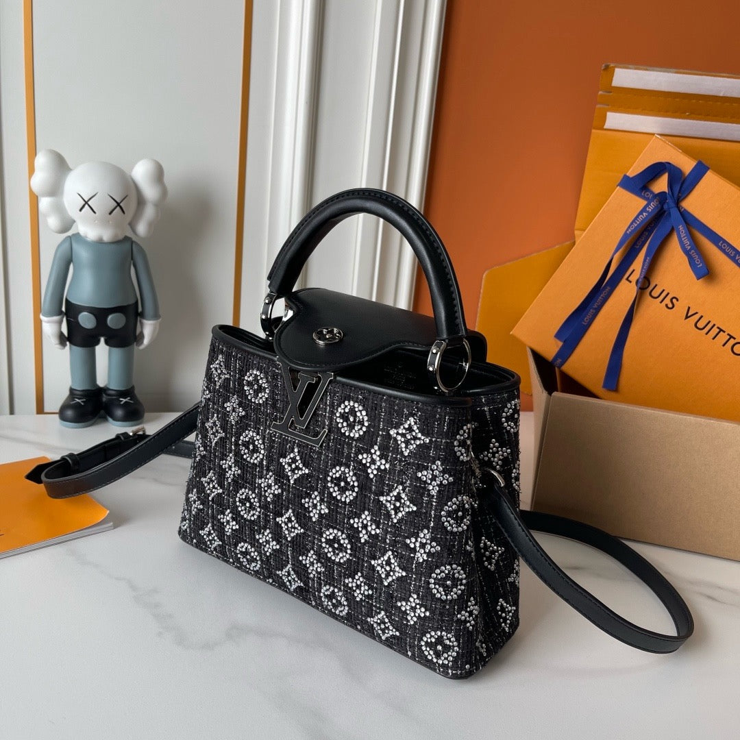 Louis Vuitton Capucines BB Black Tweed Crystal – Open Interior View