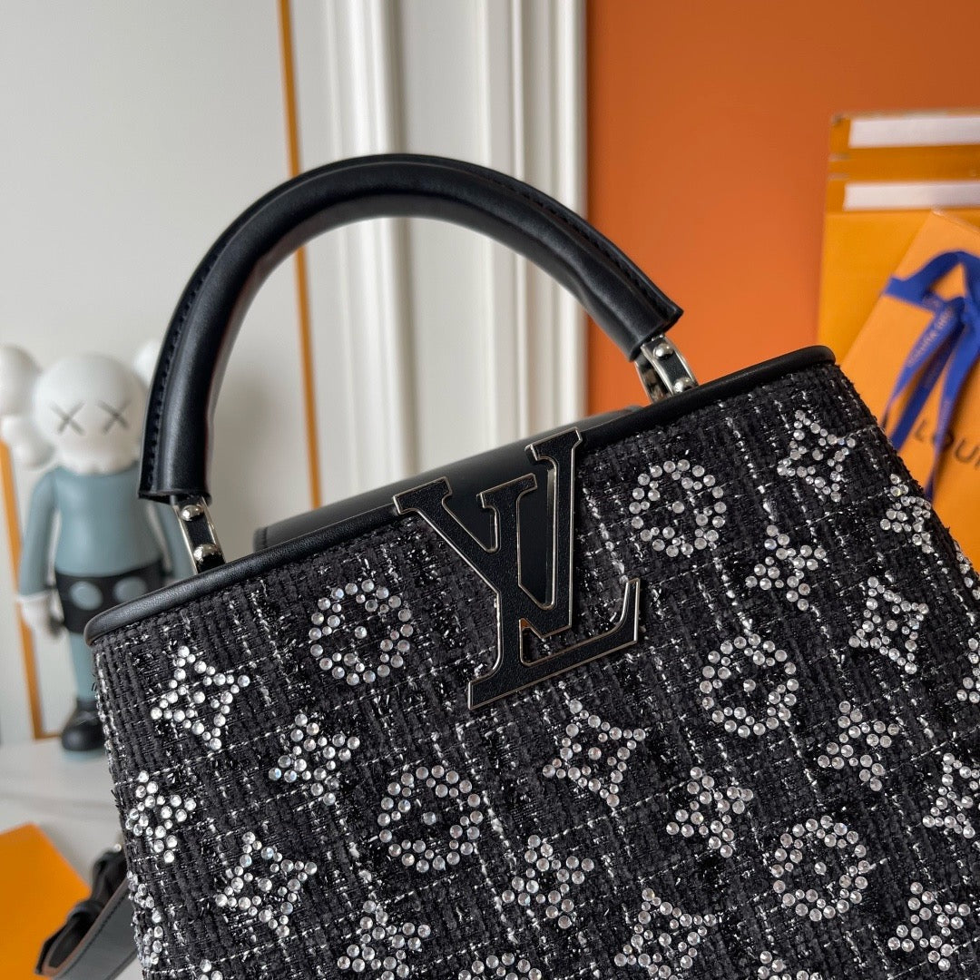 Louis Vuitton Capucines BB Black Tweed Crystal – Side View with Shoulder Strap