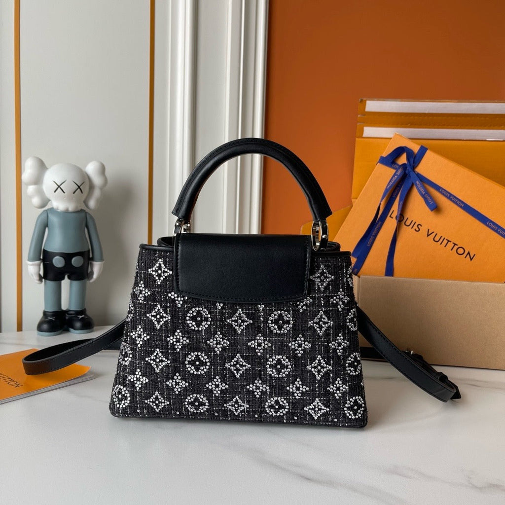 Louis Vuitton Capucines BB Black Tweed Crystal – Back View with LV Clasp