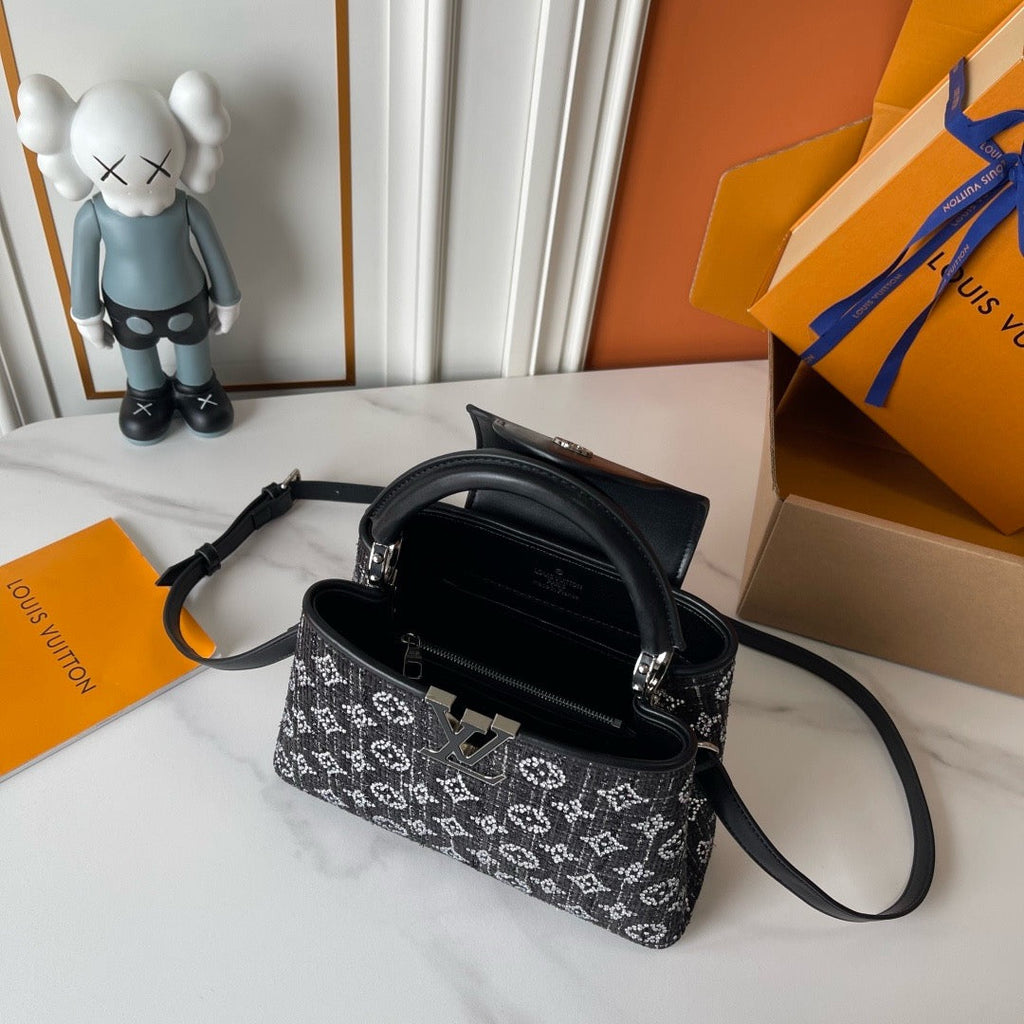 Louis Vuitton Capucines BB Black Tweed Crystal – Silver LV Hardware Close-Up