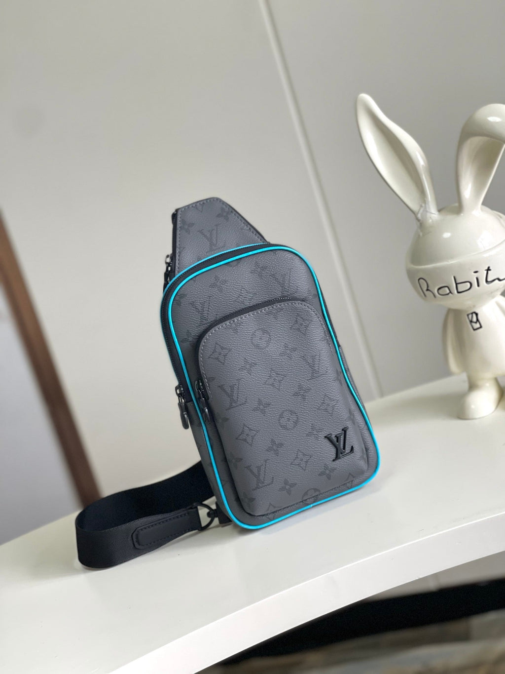 Louis Vuitton Avenue Sling Bag Monogram Eclipse Cyan – Front View with LV Logo