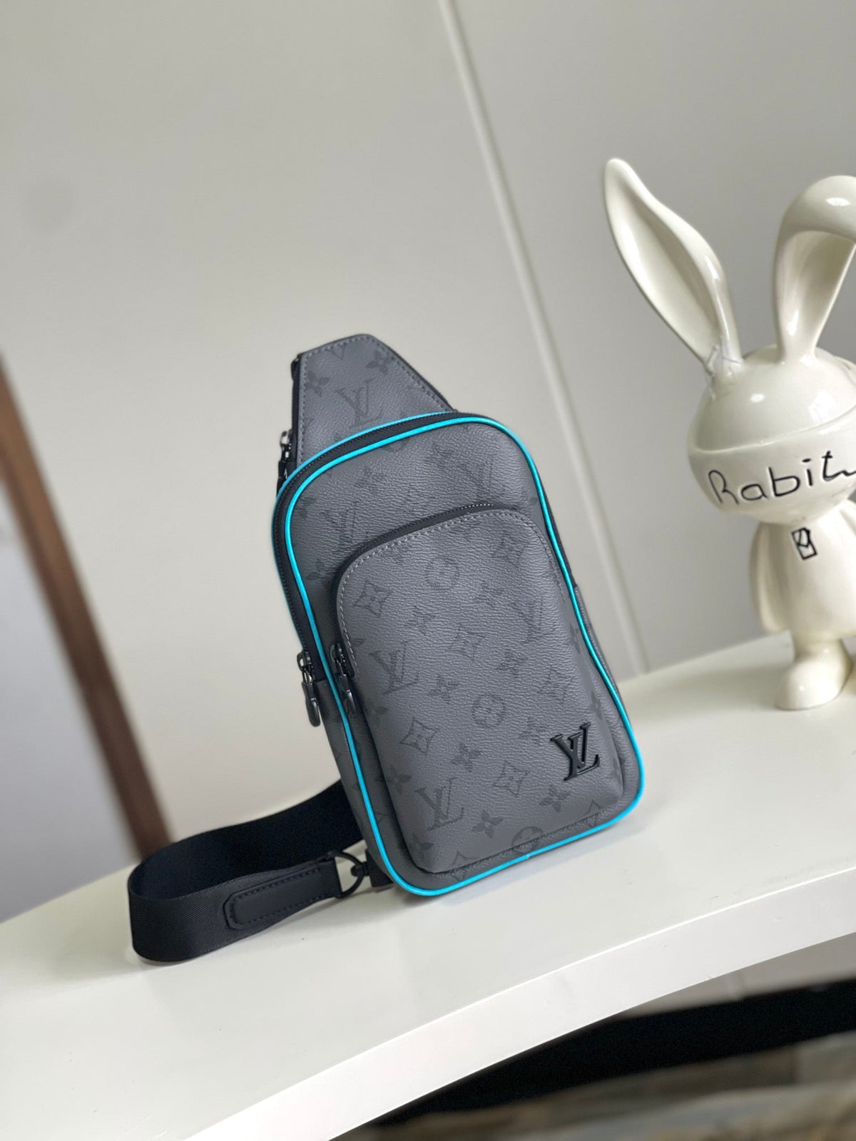 Louis Vuitton Avenue Sling Bag Monogram Eclipse Cyan – Front View with LV Logo