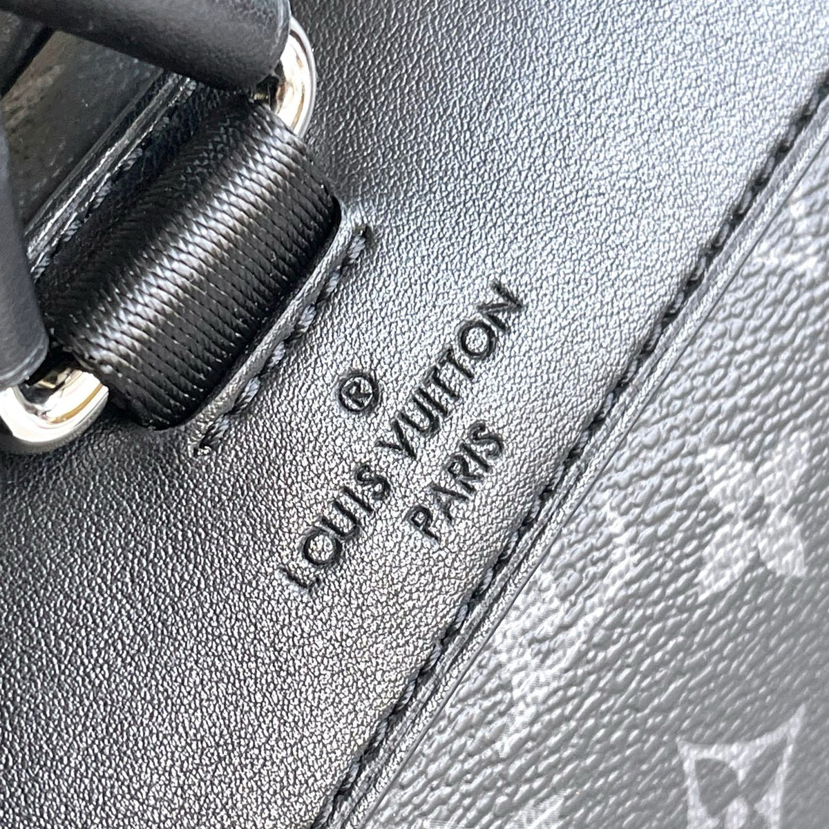 Louis Vuitton Montsouris Backpack Monogram Eclipse – Louis Vuitton Paris Leather Tab Close-Up