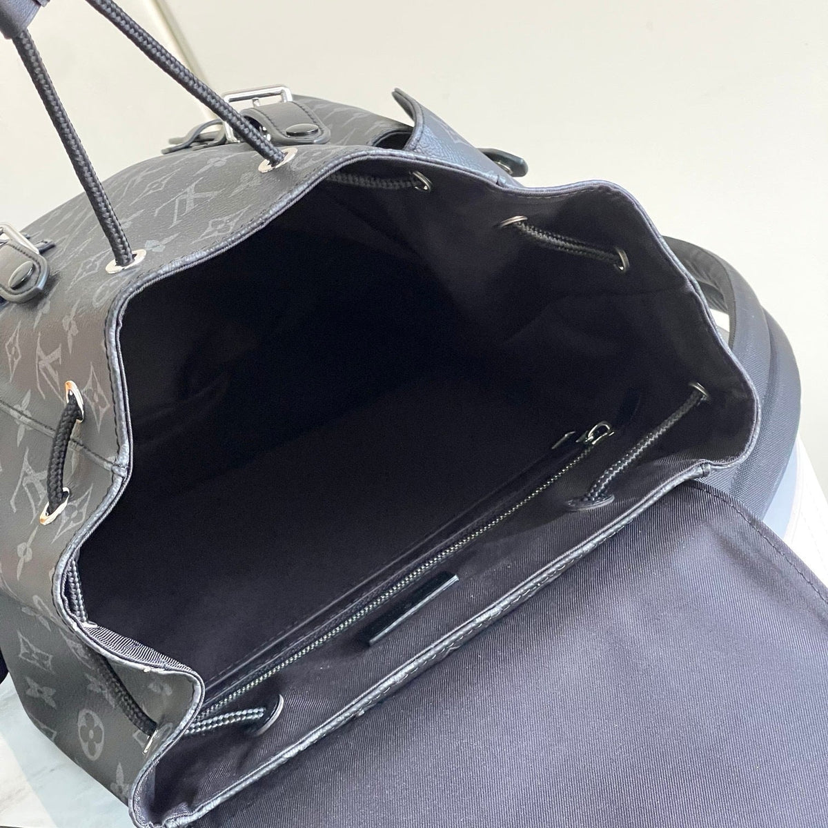 Louis Vuitton Montsouris Backpack Monogram Eclipse – Open Interior View showing Drawstring