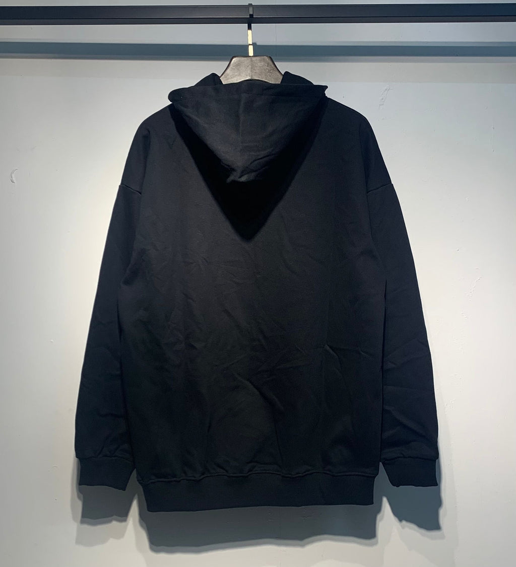 Amiri Staggered Iridescent Logo Hoodie – Black back view on hanger