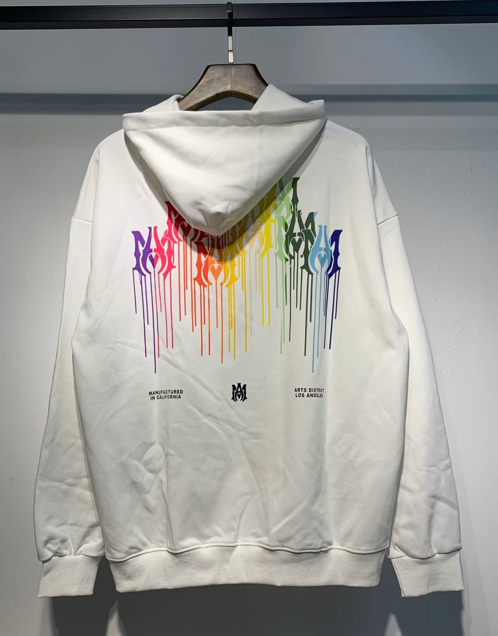 Amiri Rainbow Paint Drip Hoodie – Black and Cream back view side by side