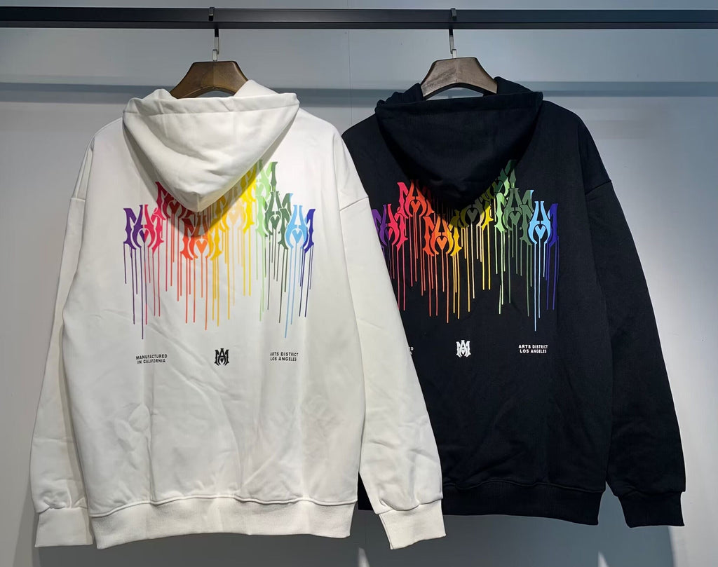 Amiri Rainbow Paint Drip Hoodie – Cream front and Black back side by side