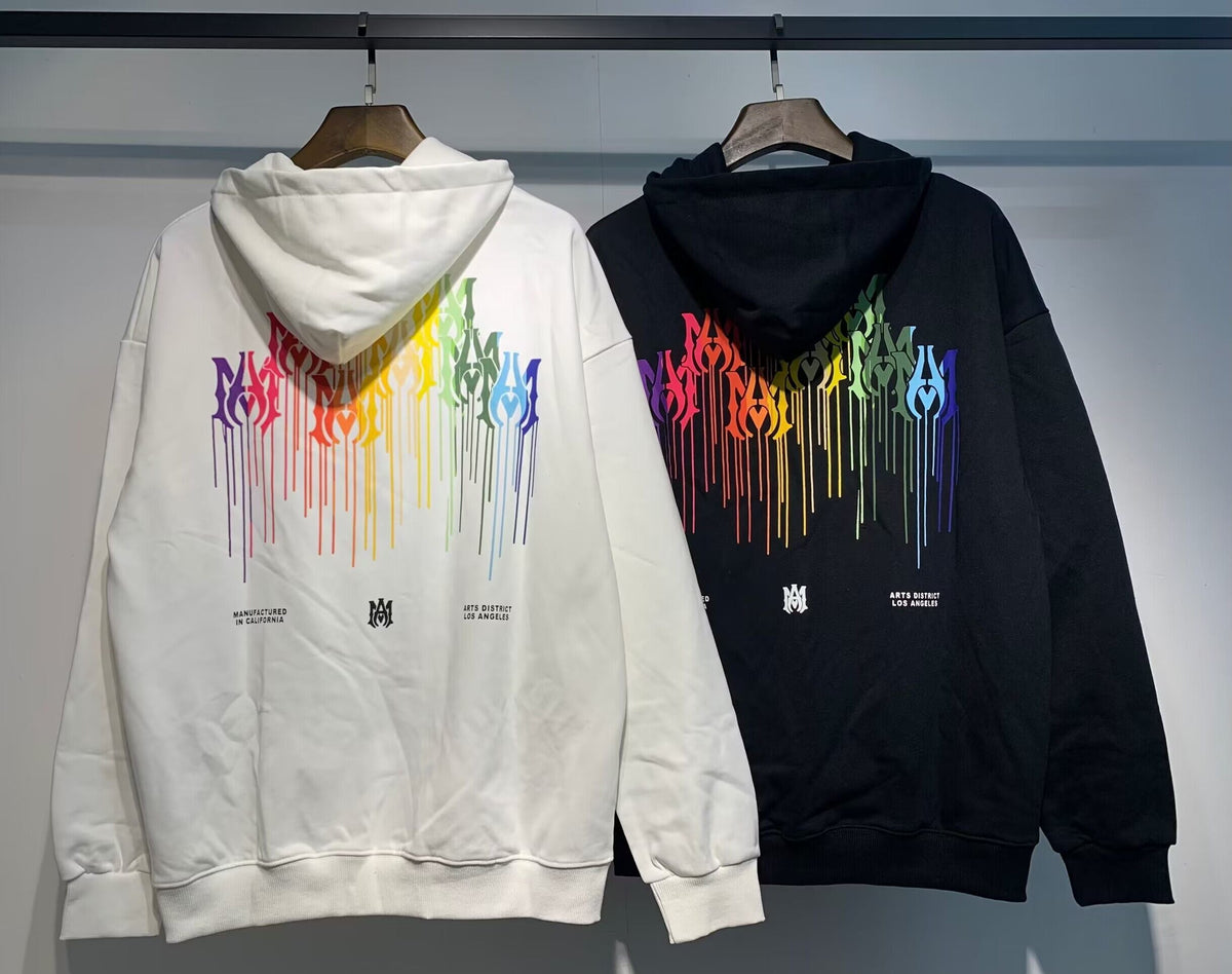 Amiri Rainbow Paint Drip Hoodie – Cream front and Black back side by side