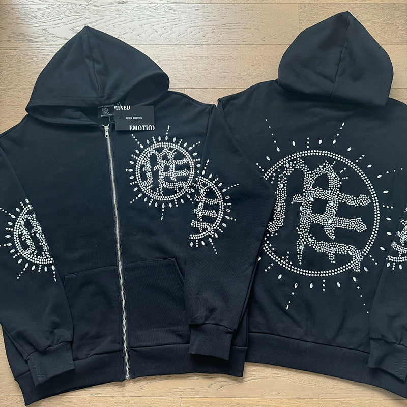Mixed Emotion Rhinestone Zip-Up Hoodie - Front and Back