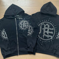 Mixed Emotion Rhinestone Zip-Up Hoodie - Front and Back