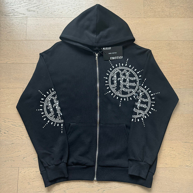 Mixed Emotion Rhinestone Zip-Up Hoodie - Back Detail