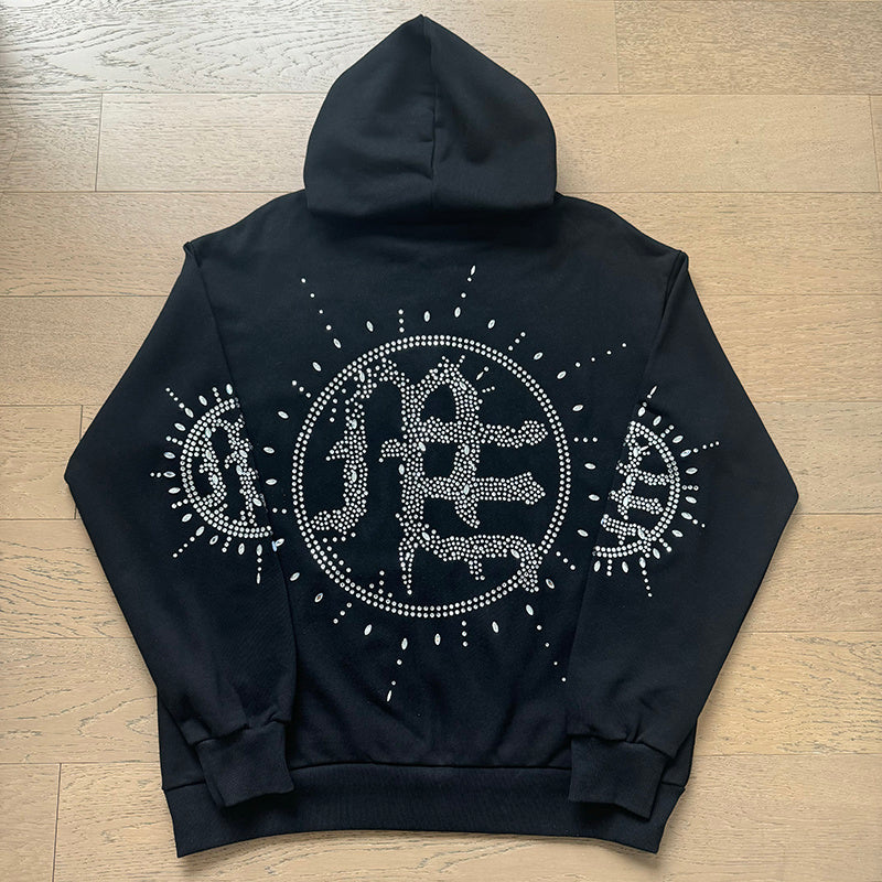 Mixed Emotion Rhinestone Zip-Up Hoodie - Front Detail