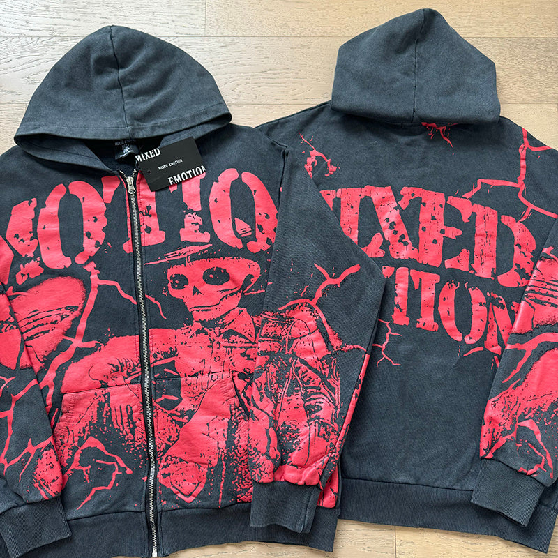 Mixed Emotion Skull Zip-Up Hoodie - Back