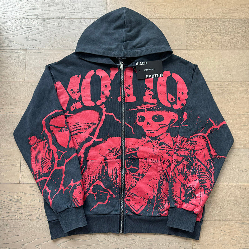 Mixed Emotion Skull Zip-Up Hoodie - Front and Back
