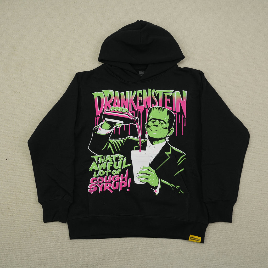 Drankenstein Cough Syrup Hoodie - back text print close-up