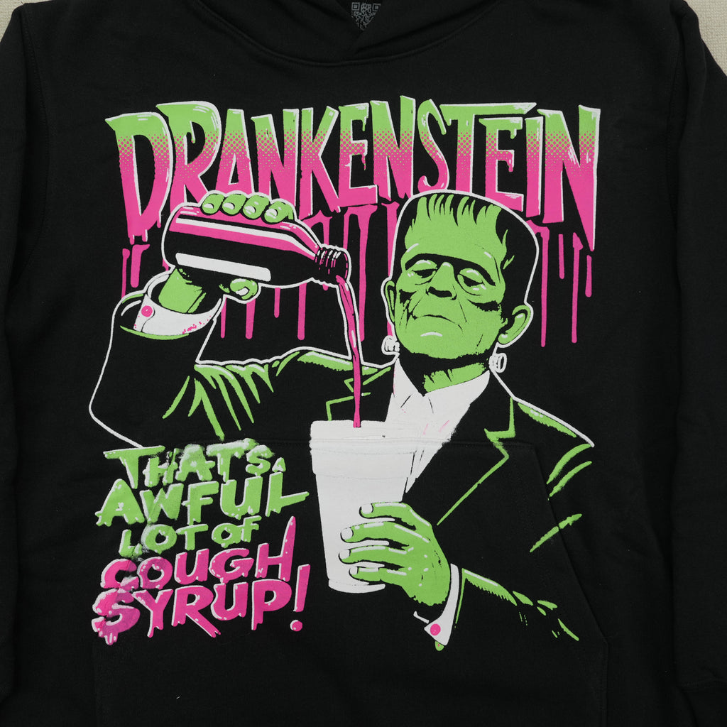 Drankenstein Cough Syrup Hoodie - front graphic with Frankenstein pouring cough syrup
