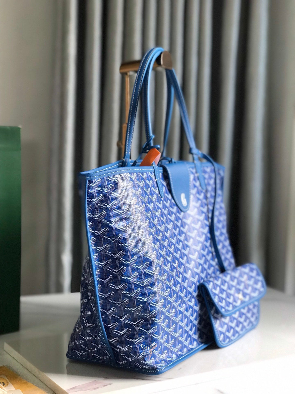 Goyard Saint Louis Tote PM Blue - side view with pouch