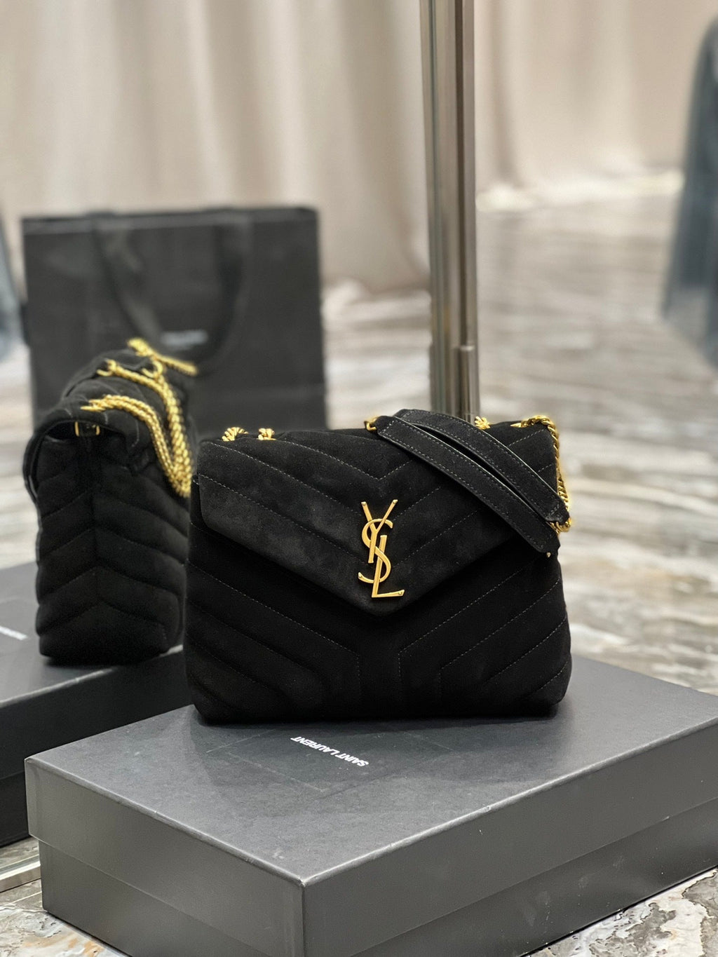 Saint Laurent LouLou Toy Bag Black Suede – back view with gold chain