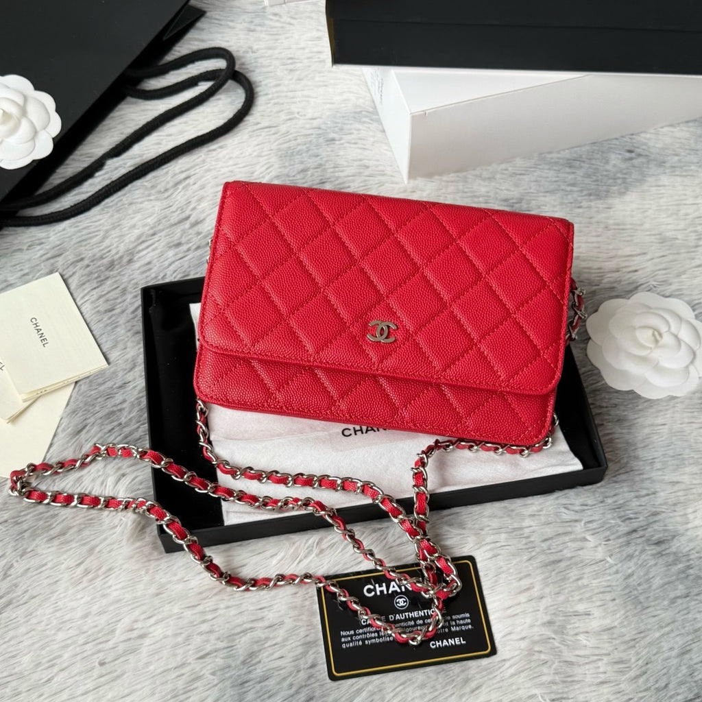 Chanel Classic Wallet on Chain (WOC) – Red Caviar Leather, Silver Hardware