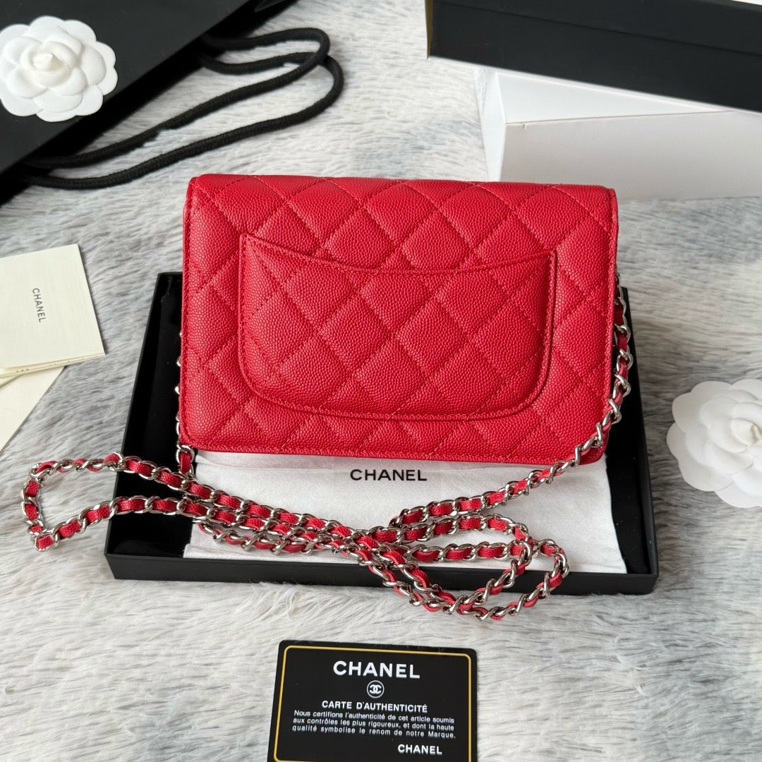 Chanel Classic Wallet on Chain (WOC) – Red Caviar Leather, Silver Hardware