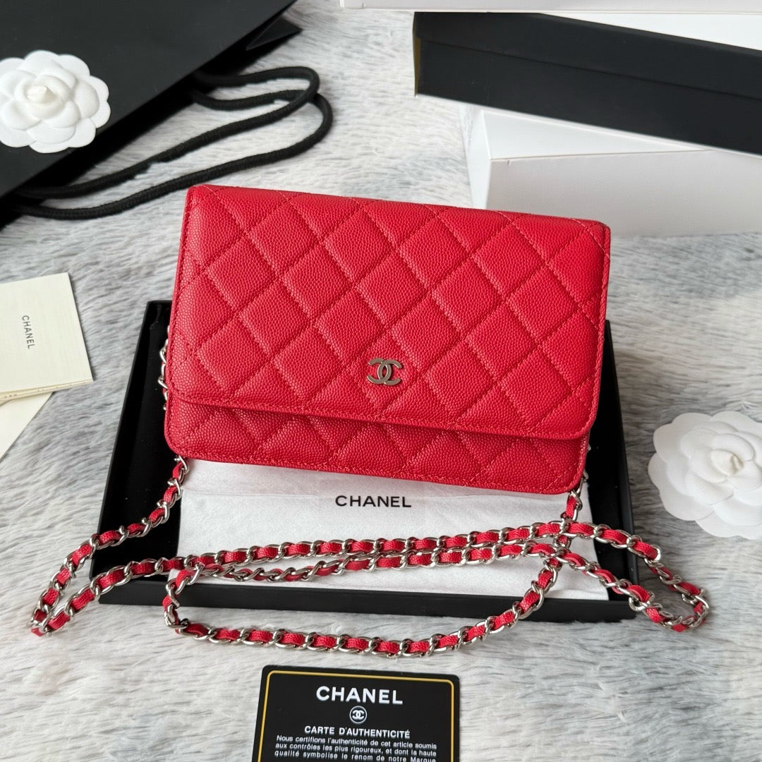 Chanel Classic Wallet on Chain (WOC) – Red Caviar Leather, Silver Hardware