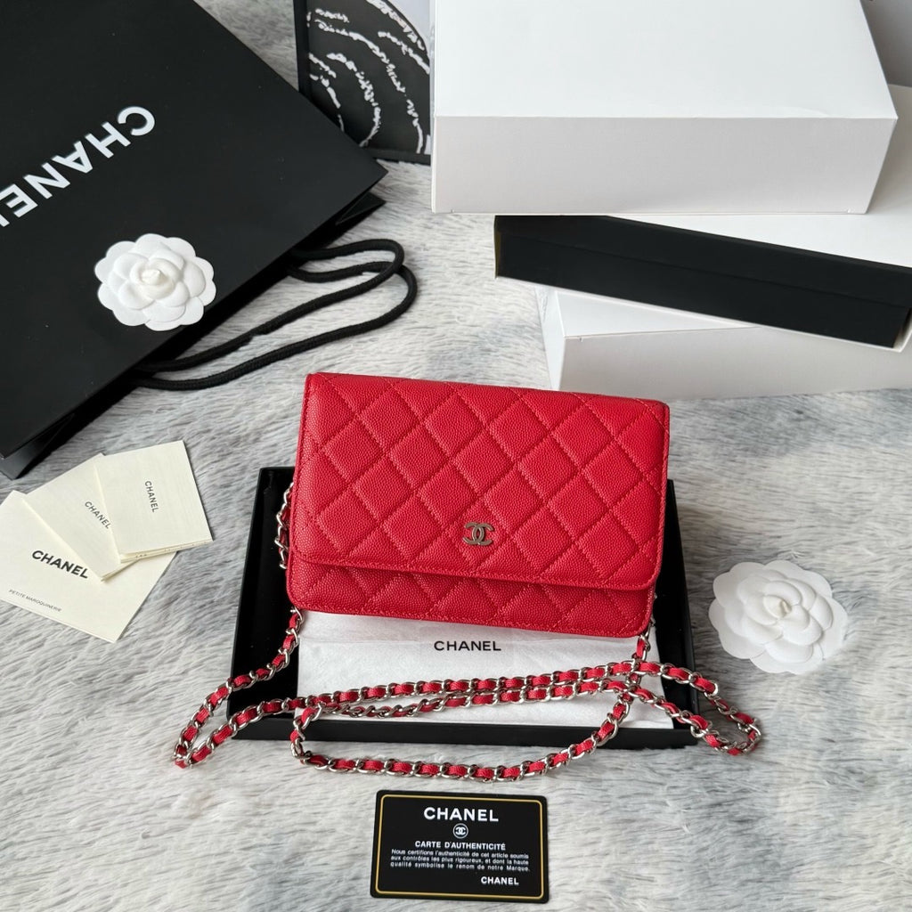 Chanel Classic Wallet on Chain (WOC) – Red Caviar Leather, Silver Hardware