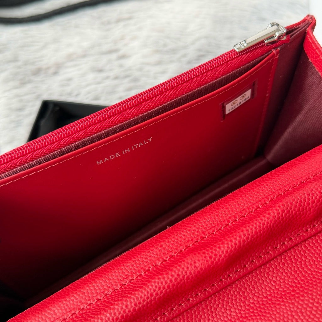 Chanel Classic Wallet on Chain (WOC) – Red Caviar Leather, Silver Hardware
