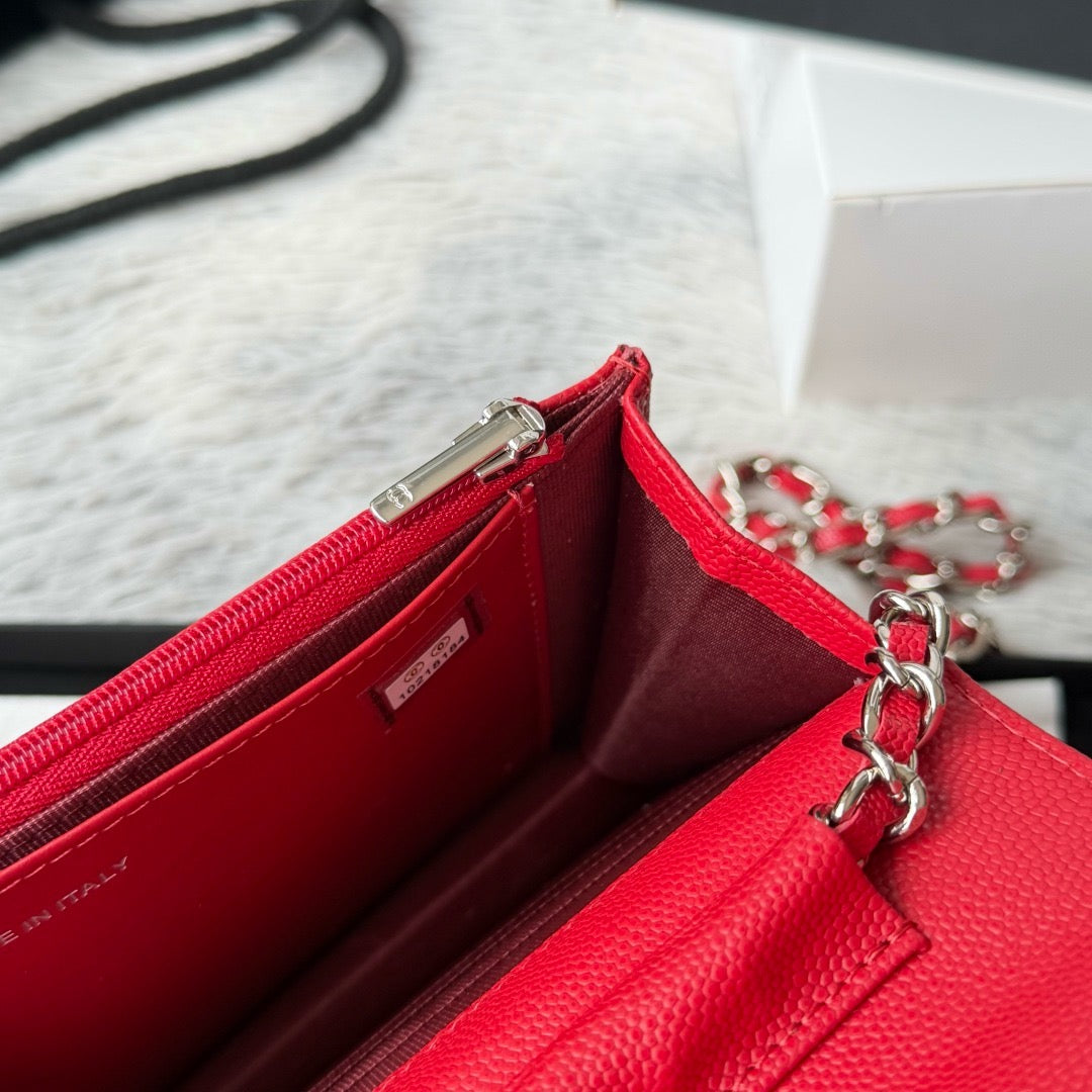 Chanel Classic Wallet on Chain (WOC) – Red Caviar Leather, Silver Hardware