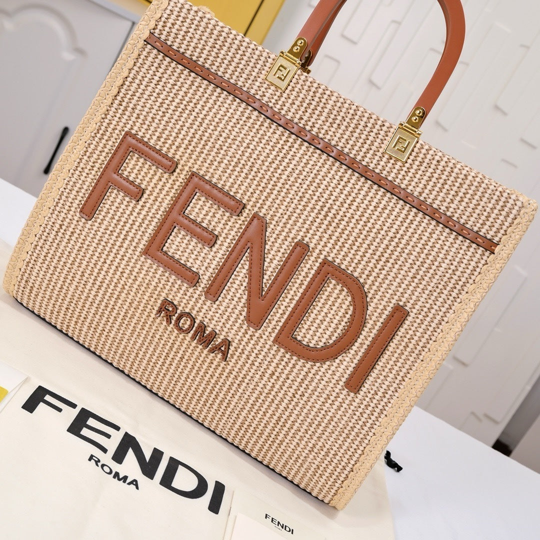 Fendi Sunshine Medium Tote - Back view showing clean raffia body