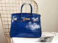 Blue Crocodile-Embossed Leather Tote Bag - Top View