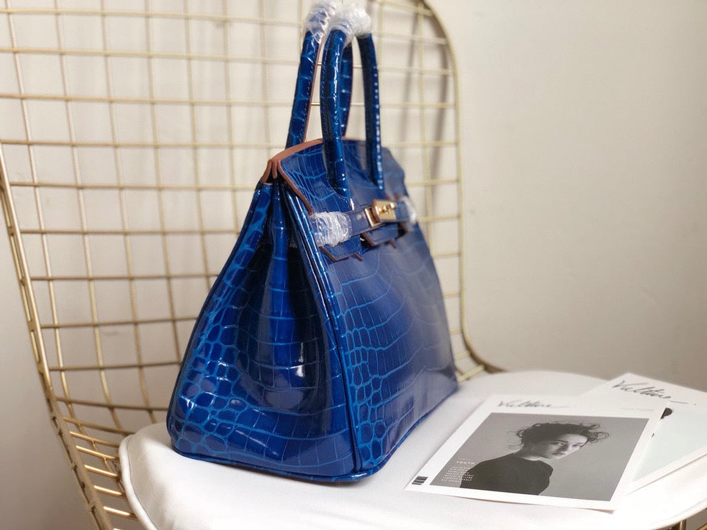 Blue Crocodile-Embossed Leather Tote Bag - Side View