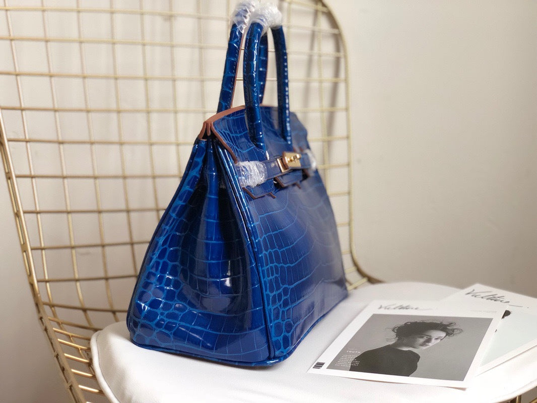 Blue Crocodile-Embossed Leather Tote Bag - Side View
