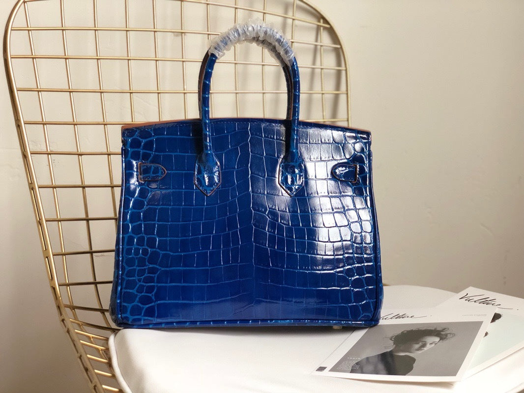 Blue Crocodile-Embossed Leather Tote Bag - Front View