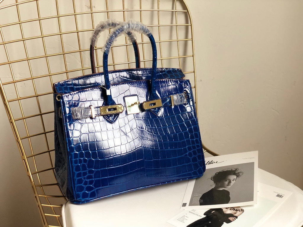 Blue Crocodile-Embossed Leather Tote Bag - Hardware Detail
