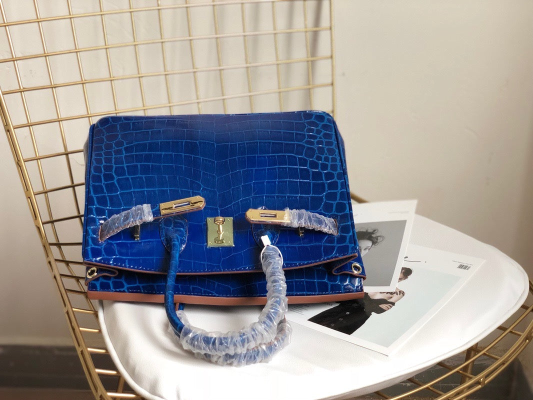Blue Crocodile-Embossed Leather Tote Bag - Angle View