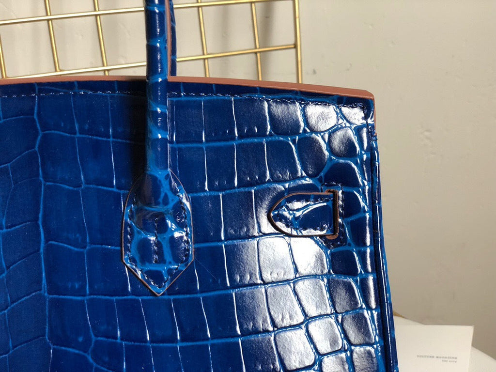 Blue Crocodile-Embossed Leather Tote Bag - Back View