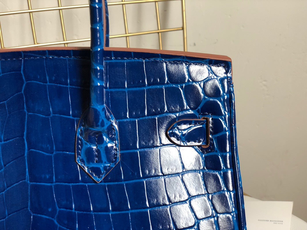 Blue Crocodile-Embossed Leather Tote Bag - Back View