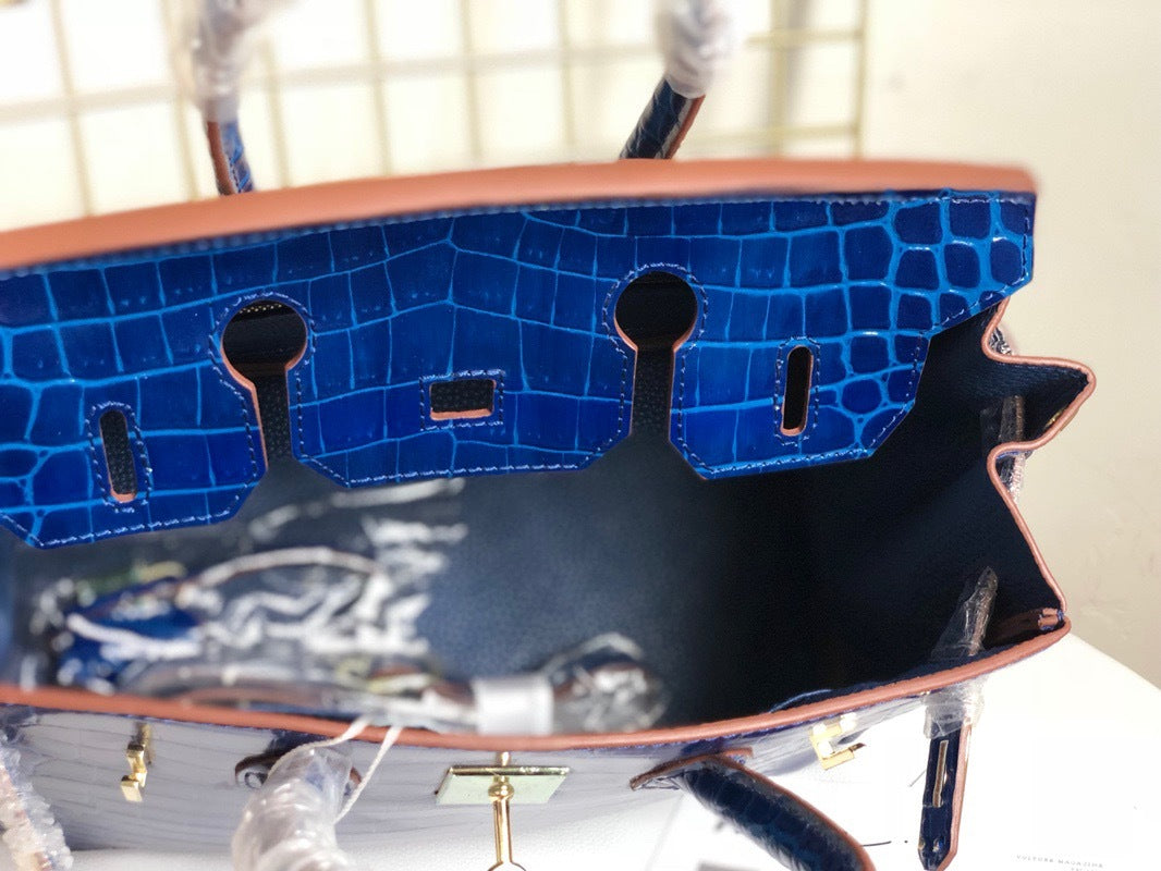 Blue Crocodile-Embossed Leather Tote Bag - Three Quarter View