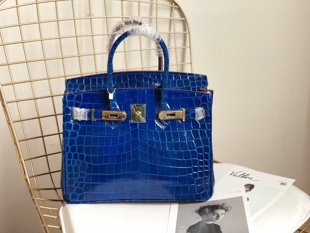 Blue Crocodile-Embossed Leather Tote Bag - Full View