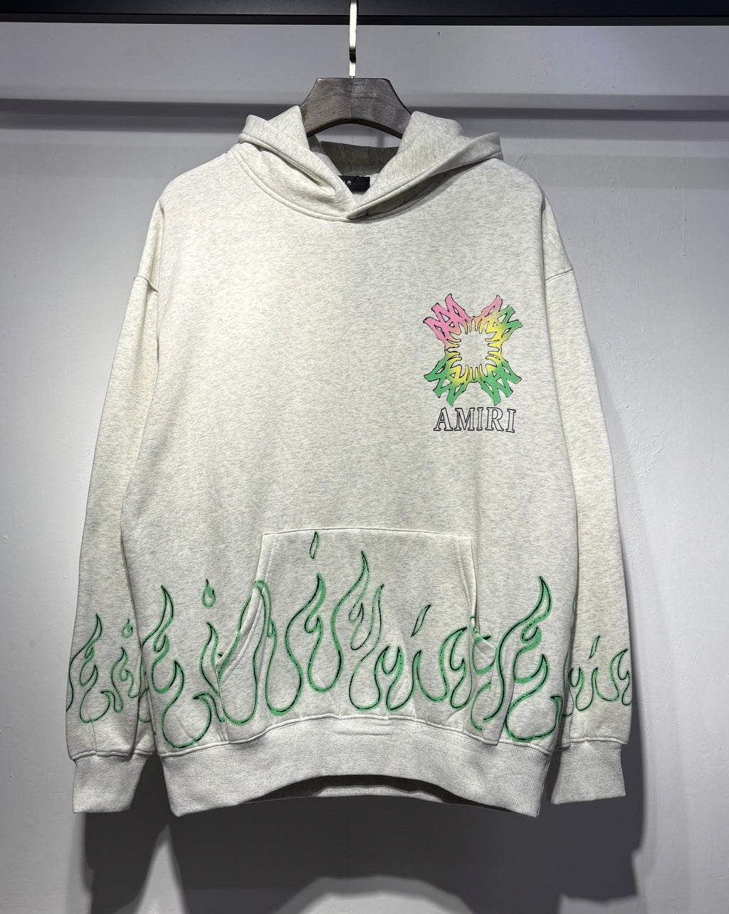 Amiri Flame Hoodie in Oatmeal with green flame embroidery