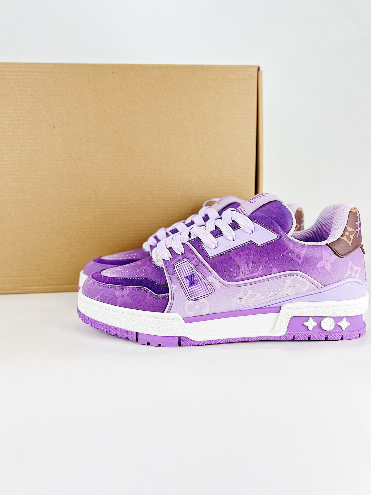 LV Trainer #54 Purple Monogram - Three quarter front pair view