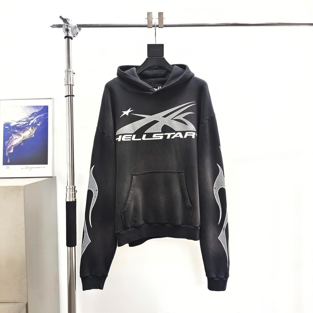 Hellstar Chrome Star Hoodie in washed black with chrome silver graphic print